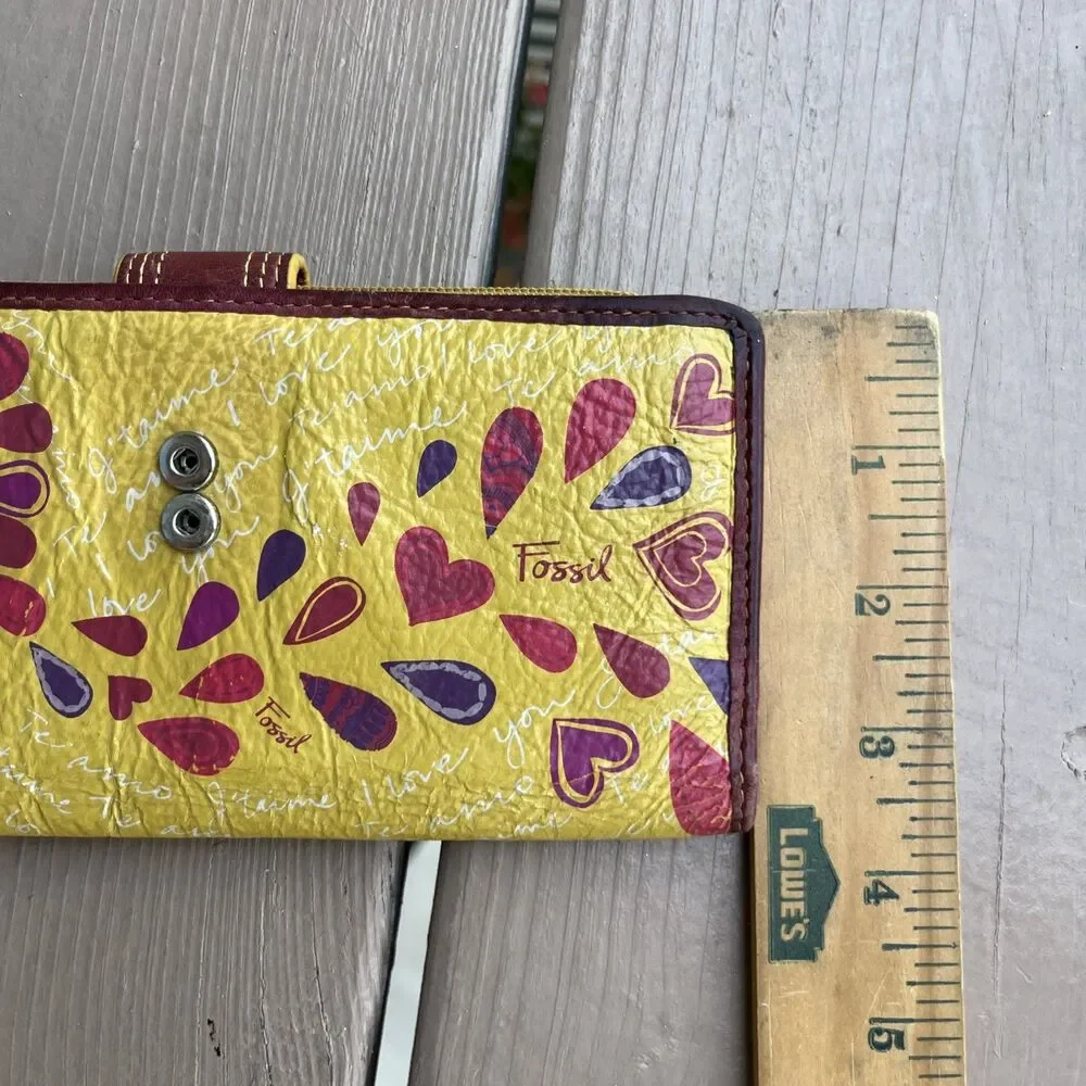 FOSSIL Vintage Women's Floral Leather Wristlet Clutch Wallet Yellow Zippered